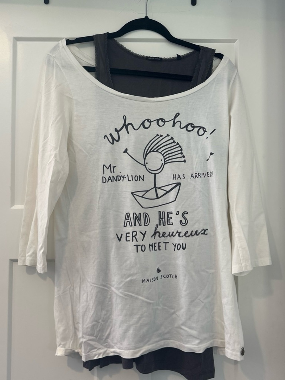 Scotch & Soda White Graphic Boatneck Long Sleeve Tee with Black Illustration